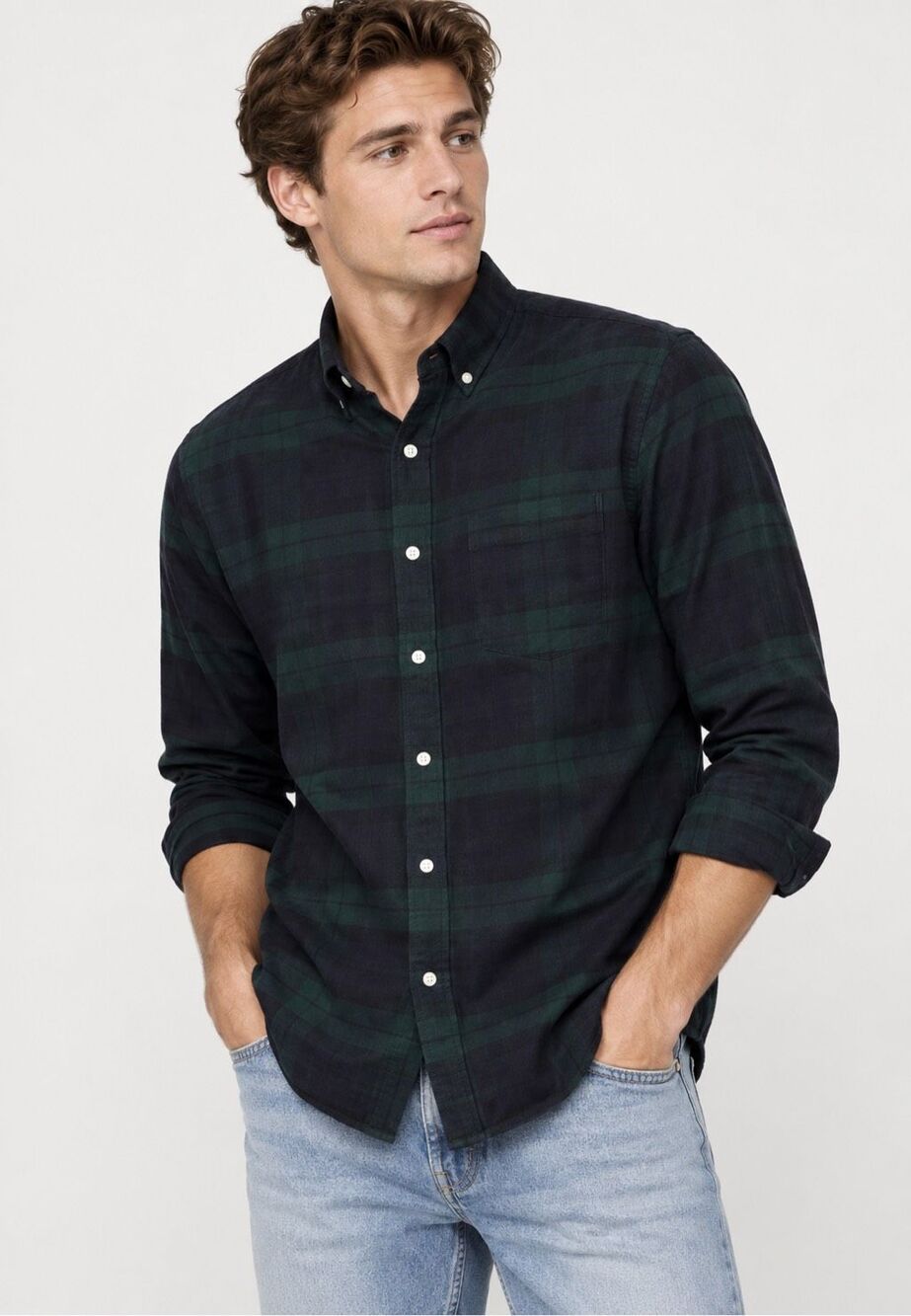 GAP Men’s Dark Green Navy Plaid Flannel Button Down Shirt Standard Fit Large